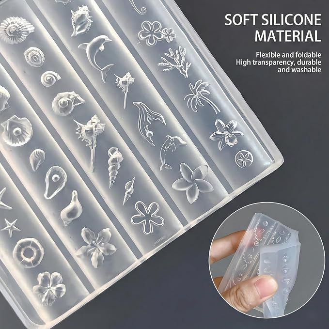 Ocean Nail Art Silicone Mold, 3D Seashell Starfish Conch Nail Charms Mold, Marine Theme Silicone Mold for Acrylic Gel Resin Nail Decoration, Reusable DIY Nail Accessories