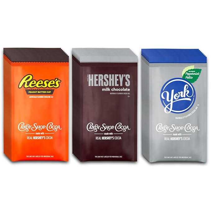 Candy Shop Cocoa Variety Iced Cocoa Mix, 1.25 oz, 24 Pack | Variety pack with HERSHEY’S, REESE’S and YORK flavors; just add water for smooth, creamy hot or iced cocoa drinks anytime