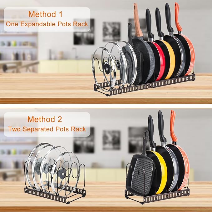 Toplife Pots and Pans Organizer Rack for Cabinet and Countertop, 10+ Pot Lids, Bakeware and Cookware Organizer Rack Holder with 10 Adjustable Compartments - Brown