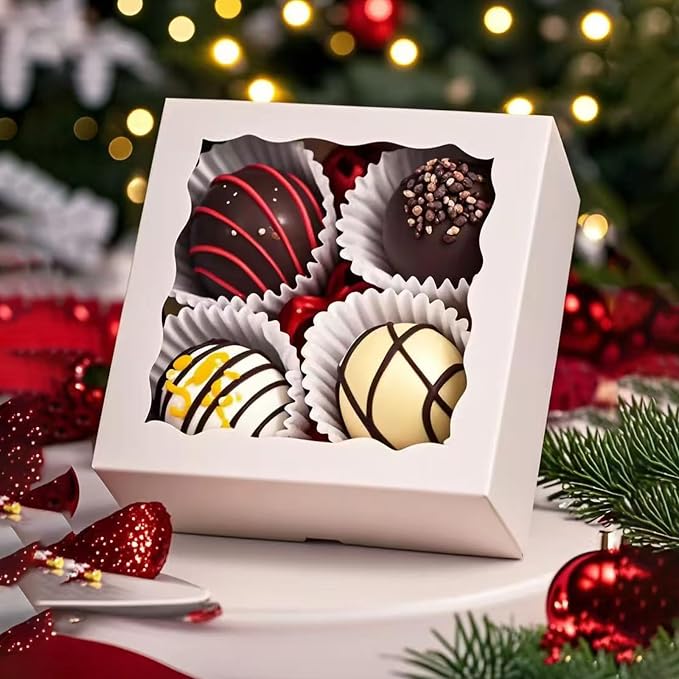 50PCS 3¼" x 3 ¼" x 1 ½" ChocolateTruffle Boxes for 4,Cookies Boxes Soap BoxesTreat Boxes Donut Boxes Macaron Boxes Mini Bakery Boxes Small gift boxes with Window Brownie Box