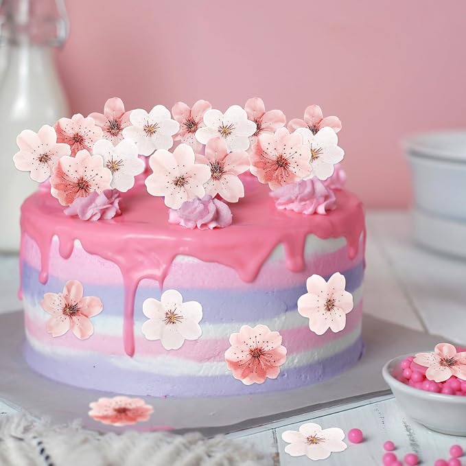 50 PCS Edible Cherry Blossoms Cupcake Toppers Edible Cherry Blossoms Flowers Cake Decorations for Spring Tea Party Cherry Themed Birthday Party Baby Shower Bridal Engagement Anniversary baked goods