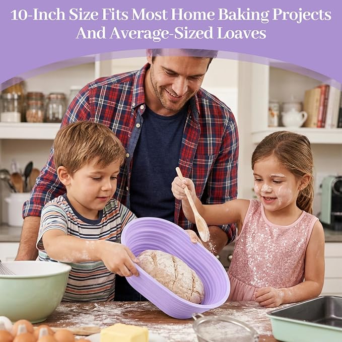 MAQUITA 4-Pack Oval Silicone Bread Proofing Basket, 10-Inch Sourdough Proofing Basket Set (Purple)