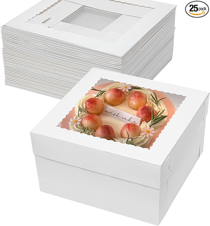 Mefleet 25pcs 12x12x6 Inch Cake Boxes Bakery Boxes for Tier Cakes with Window 12 Inch White Large Tall Cardboard Bakery Take Out Carrier Containers with Lids for Wedding, Birthday, Party