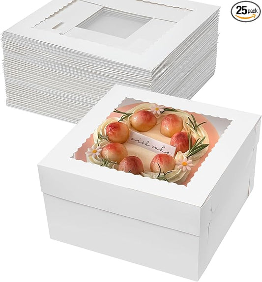 Mefleet 25pcs 12x12x6 Inch Cake Boxes Bakery Boxes for Tier Cakes with Window 12 Inch White Large Tall Cardboard Bakery Take Out Carrier Containers with Lids for Wedding, Birthday, Party