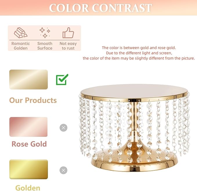 Cake Stand for Dessert Table 12 Inch Gold Crystal Pendants Metal Cake Stand Serves as A Round Dessert Cupcake Display Plate for Table, Wedding, Party, Event