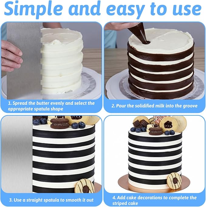 Stainless Steel Cake Scrapers, 2 Pcs Dual-Edged Icing Smoother and Striper Tool with 4 Style Patterned Comb, Professional Cake Decorating Tools for Buttercream, Fondant, Dough, Baking Supplies