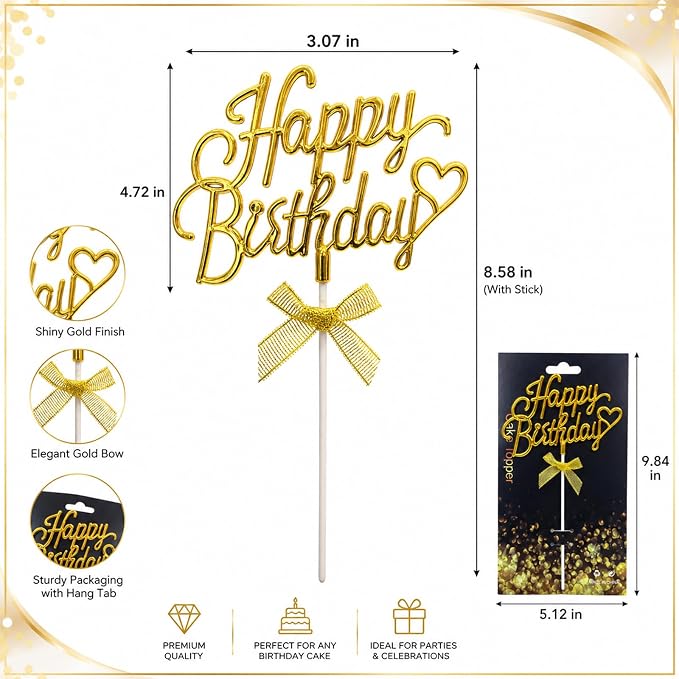 Gold Acrylic Happy Birthday Cake Topper with Heart and Bow | Glossy gold acrylic script withheart and bow adds an elegant finishing touch to birthday cakes and celebration desserts.