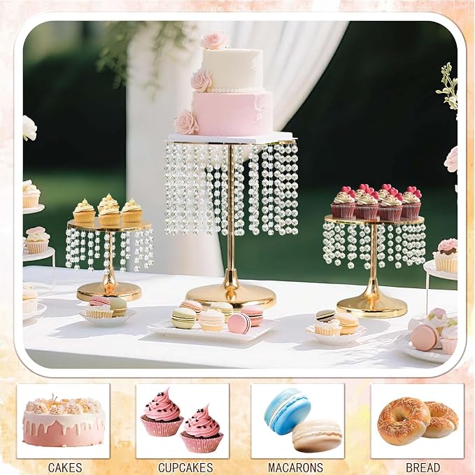Metal Mirror Cake Stand Set with Crystal Pendants - Elegant Dessert Table Display for Weddings, Birthday Parties, Baby Showers, Events - Sturdy Crystal Bling Cupcake Stands for Pastries, Sweets, Decorations (Gold, Set of 3)