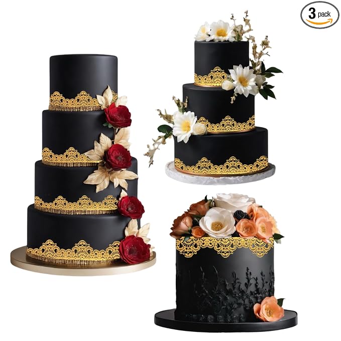 3 Pieces Shiny Gold Honeycomb Edible Sugar Cake Lace Strips - Ready to Use Handcrafted Decoration with 3D Effect
