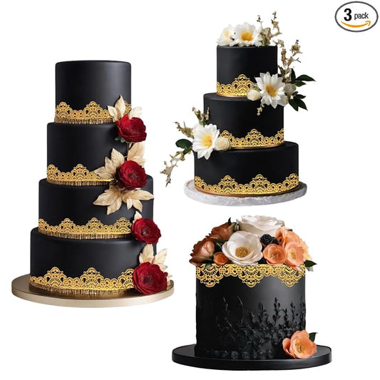 3 Pieces Shiny Gold Honeycomb Edible Sugar Cake Lace Strips - Ready to Use Handcrafted Decoration with 3D Effect