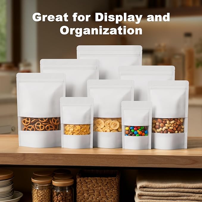 FireKylin 100 Pcs Resealable Bags, Paper Stand Up Pouches Bags with Matte Window for Small Businness, Zipper & Heat Sealable Treat Bags for Packaging(Inner Size 4.9" x 5"; Outer Size 5.5" x 7.9")