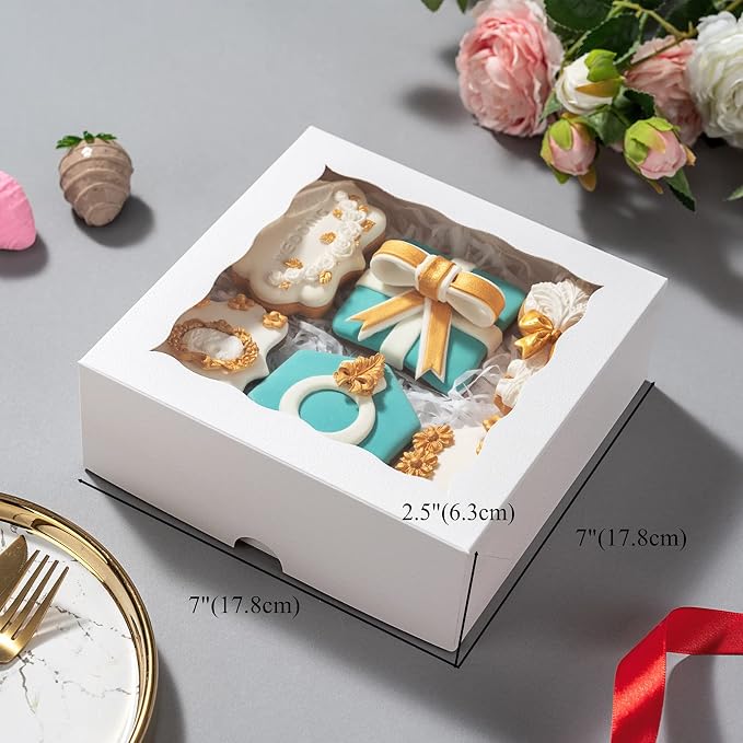 RomanticBaking 14pcs 7" x 7" x 2 1/2" Inches Bakery Boxes with Window for Pie, Cookies, Chocolate Covered Strawberries, Cakesickle, Brownies