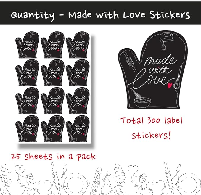 300PCS Made with Love Stickers – 2"x1.75" Baking Labels for Baked Goods Packaging, Baked with Love Badges for Homemade Bakery. Use on Jars, Bags, Boxes