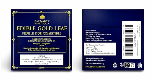 Barnabas Edible Gold Leaf 24K - Cake Decorations, Loose Gold Leaf Sheets for Cupcakes - 1.5 inches, Interleaf of 12