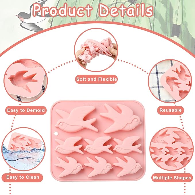 Ipotkitt 2pcs Pink Swallow Shaped Silicone Candy Molds Bird Animal Gummy Molds for Jelly Fondant Chocolate Candy Ice Cake DIY Crafts Keto Fat Bomb