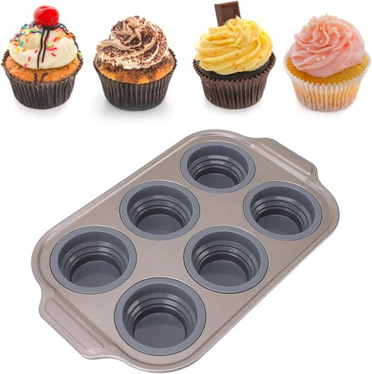Zerodis Silicone Muffin Pan, Foldable Cupcake Baking Tray Non Stick Cake Maker Tray for Bread Tart Desserts Doughnut (Gray)