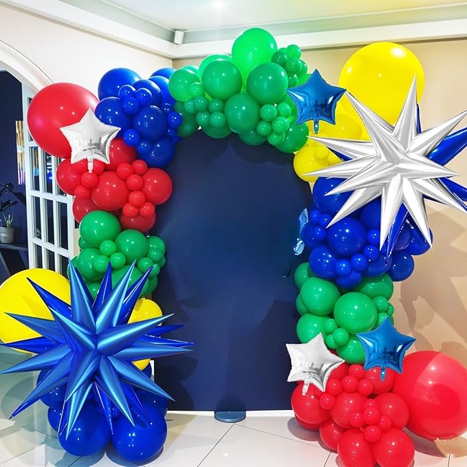 Red Yellow Blue Green Balloon Arch Garland Kit, Navy Blue Dark Green Colorful Balloons, Blue Silver Star Foil Balloons for Boy Girl Theme Birthday Party Decorations Baby Shower Backdrop