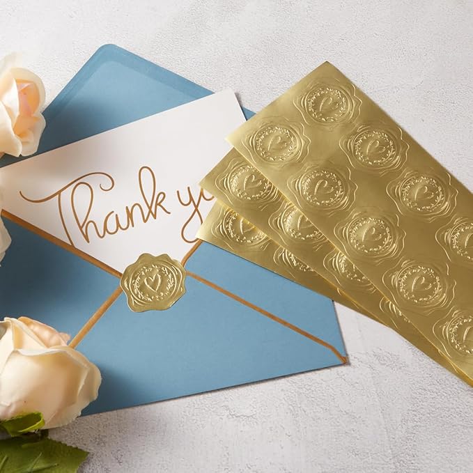300 Pieces Embossed Gold Foil Stickers, Gold Heart-Love | For Envelopes, Wedding Invitations, Christmas Greeting Cards
