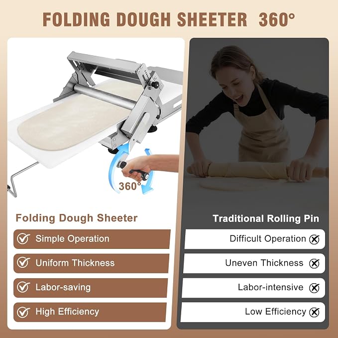 Folding Dough Sheeter 12in Manual Dough Roller Machine Dough Sheeter Machine For Home Thickness Adjustable for Pizza, Croissants, Puff Pastry