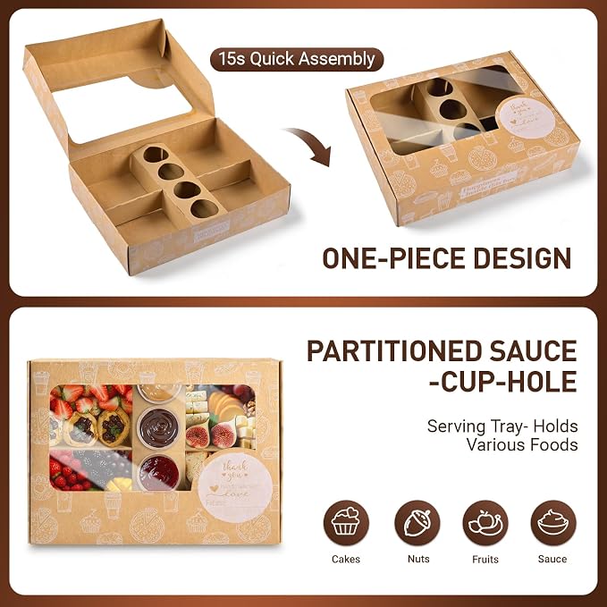 Brown Pastry Box with Cover Oil-Proof,12 Sets Food Containers w/Dividers of Strong Cardboard, Catering Box w/Lids As Appetizer To Go Container for Picnic Party 4-7 people [12"x10"x2.5"]