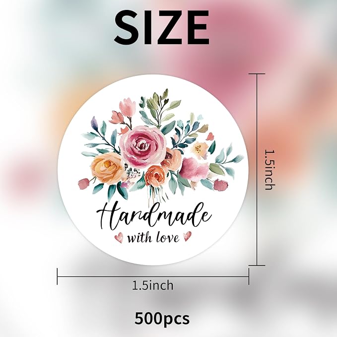Floral Handmade with Love Stickers Roll, 1.5 inch 500 PCS Flower Homemade with Love Stickers for Handmade Baked Goods, Crafts, Gifts Package, Small Business