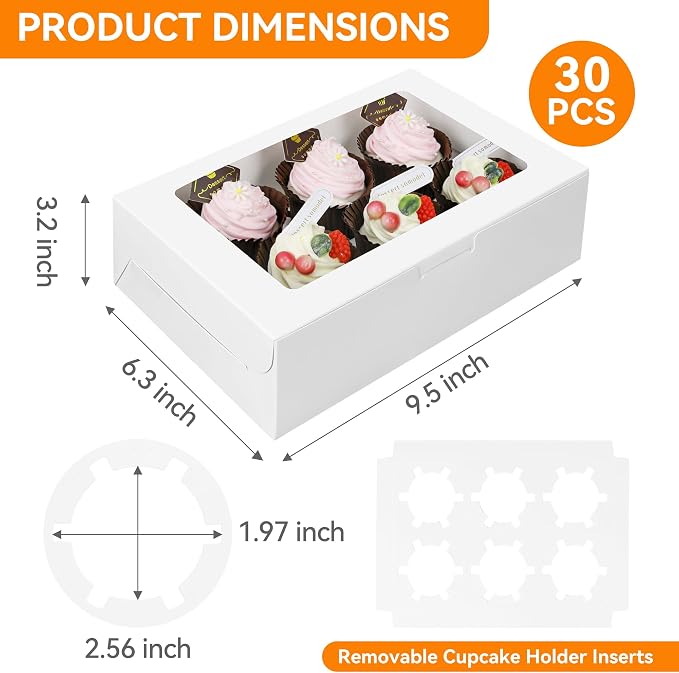 30-Set Cupcake Boxes Bulk with Clear Display Window Hold 6 Standard Cupcakes, Disposable Food Grade White Cupcake Carrier Cupcake Container, Perfect for Cupcakes Muffins Cookies Pastries