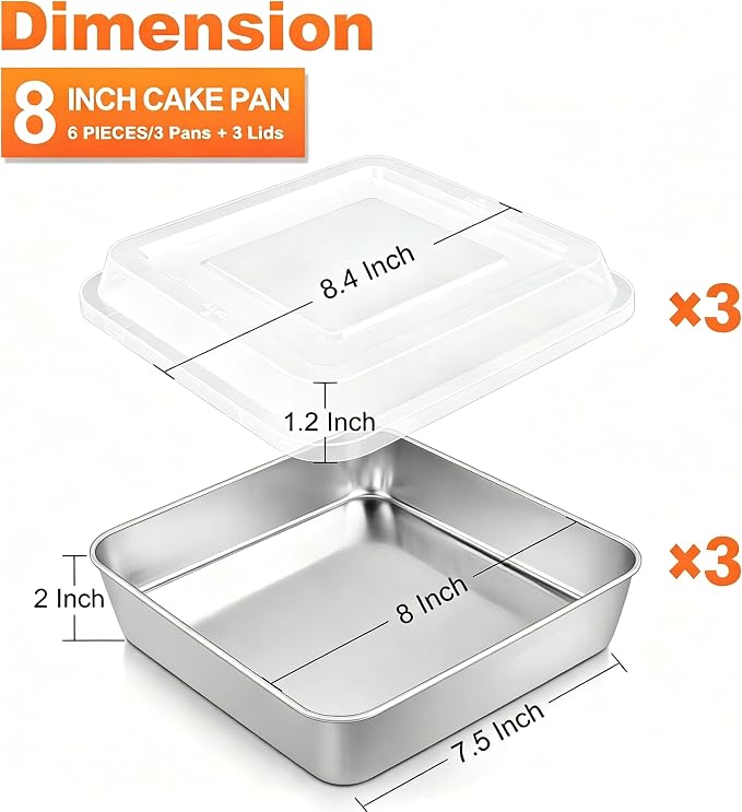 Herogo 8''x 8'' Stainless Steel Square Baking Pan with Lid(3 Pans + 3 Lids), Rectangle Cakes Brownie Lasagna Bakeware Set of 3, Healthy & Dishwasher Safe