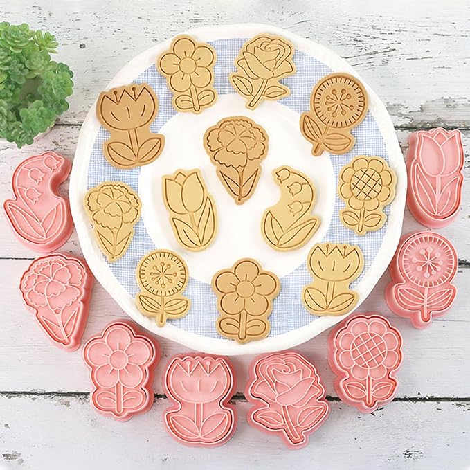 8 Flower Cookie Cutter, 3D Spring Floral Cookie Cutters with Lily of the Valley, Sunflower, Carnation,Tulip,Rose Shapes, Homemake Baking Tools for Mother's Day, Valentine, Holiday DIY Cookies (Flower)
