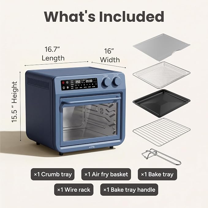 SMIRLY Digital Air Fryer Toaster Oven Combo, 25L Convection Countertop Oven, 10-in-1 Multi-Function Fits 12" Pizza & 6 Slices of Toast, Stainless Steel, Blue