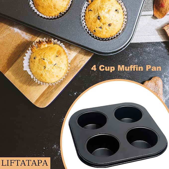 4 Cup Muffin Pan Mold, Non-stick Cupcake Baking Pan Mini Pie Pans, Carbon Steel Cake Mould Muffin Tray Standard Baking Mold Pan for Oven Baking(Black)
