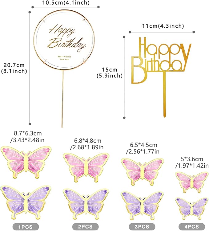22-Pieces Butterfly Cake Decorations With Happy Birthday Acrylic Cake Toppers for Baby Shower Wedding Birthday Party Decor (Purple & Pink)