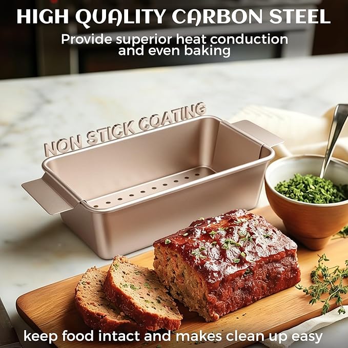 TLAZZ 2 Pack Meatloaf Pan with Drain Tray, Non Stick Meat Loaf Pan with Drip Tray, 9.4 x 5.5 Inch Loaf Pan for Baking Bread and Meatloaf, Gold
