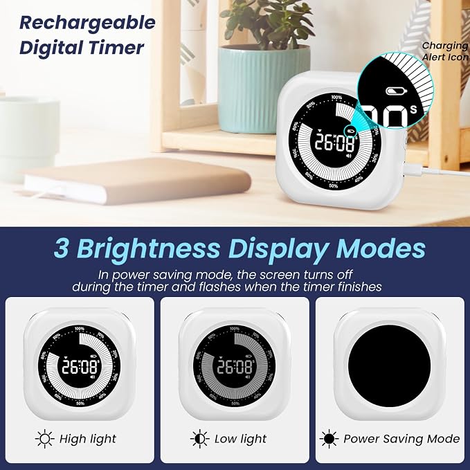 PERSUPER Visual Timer for Kids, 10 Hours Countdown/Up, with Rechargeable, 3 Brightness Display, 3 Volume Levels and Magnetic, Homeschool Study Tool, Large Digital Timers for Kitchen, Classroom