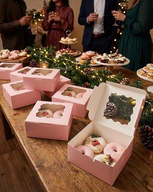 Bakepacker 240pcs Pink Cookie Boxes 6x6x3 inches Easy Assemble Macaroon Pastry Boxes Bakery Boxes with Window for Bakery