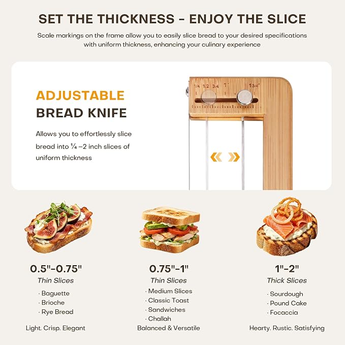Adjustable Bread Knife for Homemade Bread Sourdough, Bamboo Handle | 304 Stainless Steel, Precision Slicing Guide, Bow Bread Knife with Extra Blade, Manual Bread Cutter, Gift for Bakers