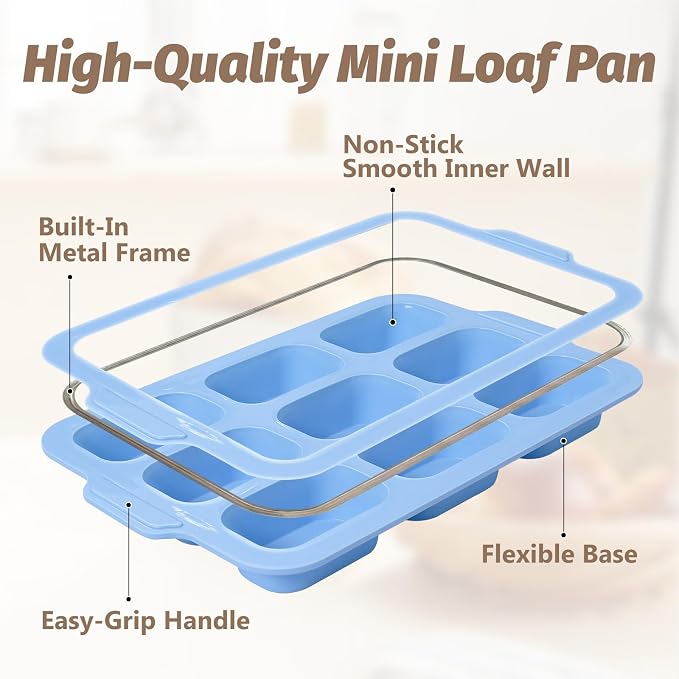 Nonstick Silicone Mini Loaf Pans: 9-Cavity Small Banana Bread Loaf Pans for Baking Cornbread with Metal Frame - Mini Meatloaf Tin for Oven - Brownie Tray for Baker Baking Lover (Blue)