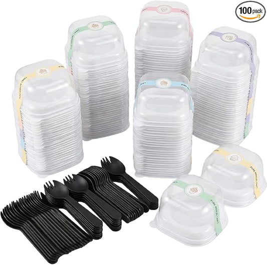 Plastic Mini Cupcake Container, 100 Pack Clear Plastic Mini Cake Box Individual Cupcake Containers, Cup Cake Holders With Lid For Wedding Birthday Party Gifts Supplies (Single-piece pack:)