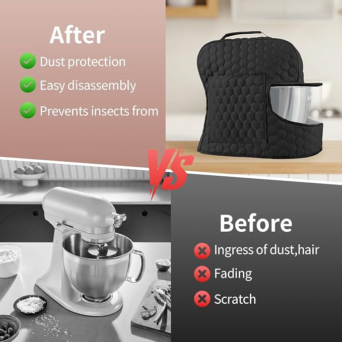 Stand Mixer Dust Cover Compatible with KitchenAid Mixer - Stand Mixer Cover Fits for 4.5/5 Quart, Storage Bag with 2 Pocket for Accessories and Attachments（Black, For 4.5- 5QT）