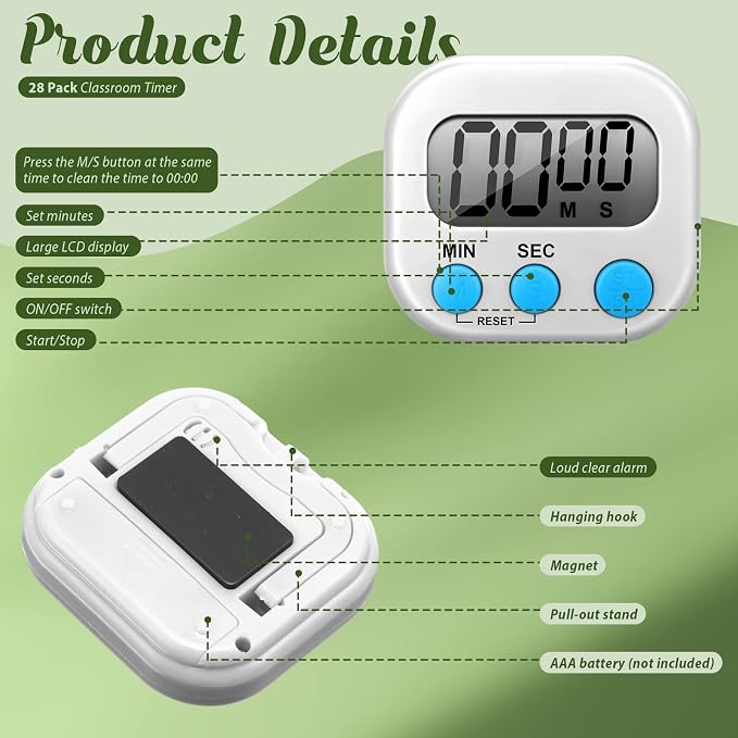 Xuhal 28 Pcs Digital Timers for Teachers Classroom Kitchen Countdown Timers for Cooking Magnetic Stopwatch 4 Colors for Kitchen Cooking Study Work Baking Sports