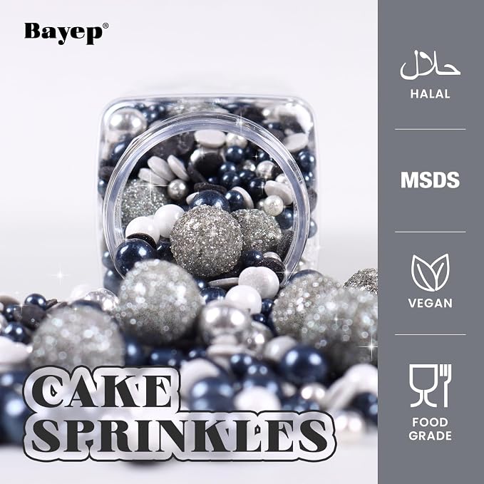 Black & Silver Sprinkles for Cake Decorating 4.23ounce - Sparkle Pearl Candy for Cupcake Toppers, Ice Cream, Candy, Cookie Decorations - Silver Sprinkles for Princess Bridal Shower Wedding Party
