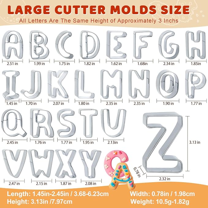 ofone Large Alphabet Cookie Cutters(A - Z), 3 Inch Stainless Steel Fondant Letter Cutters Shapes, 26 Pcs Abc Biscuit Cutter Set for Baking Dough Cakes Pastry Fruits