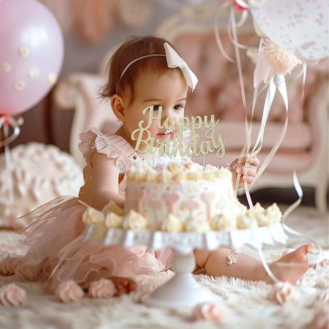 BEISHIDA Champagne Gold Happy Birthday Cake Topper, Cake Bunting Decor, Party Decoration Supplies, Photo Booth Props