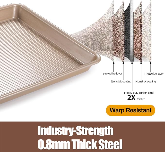 Cookie Sheets for Baking Nonstick, 2 Pack Heavy Duty 0.8mm Baking Sheet Pan Set Quarter(9x13in) & Jelly Roll(10x15in) with Diamond Texture, Gold Commercial Grade, Small Oven Safe