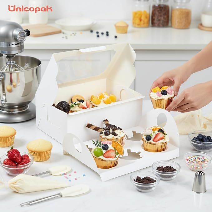 UnicoPak 20 Pack White Cupcake Boxes with Handle Tray - 4" Tall Large Muffin Boxes for 6 Cupcakes - Professional Food-Grade Cardboard Window Boxes for High Frosting, Toppers & Jumbo Treats