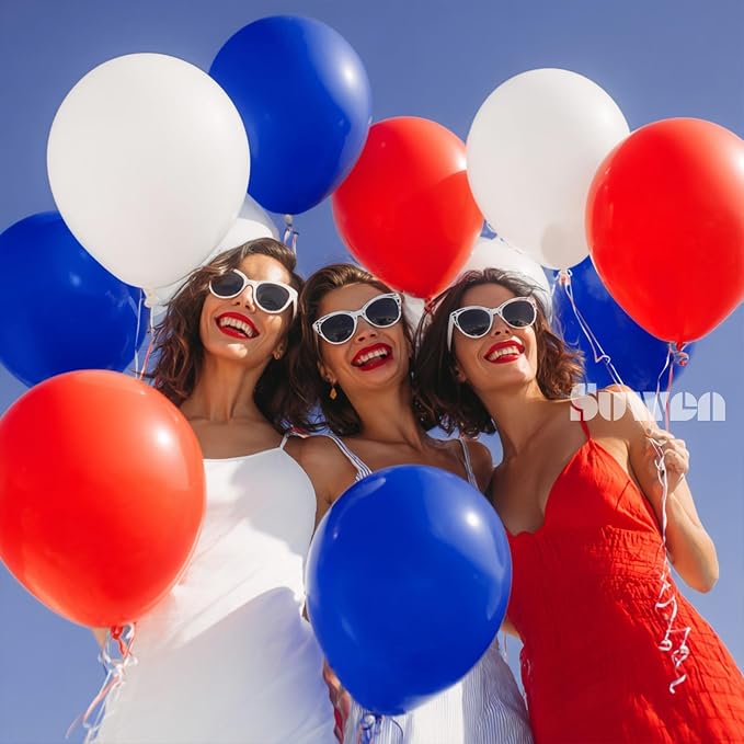 SUWEN Red White and Blue Balloons, 60pcs 12 inch Red White and Blue Decorations Latex Balloons for Independence Day July Patriotic Birthday Anniversary Veterans Party Decorations