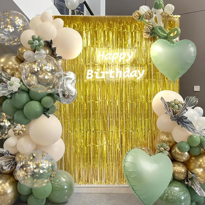 157PCS Sage Green Gold White Balloons Garland Arch Kit with Fringe Curtain for Birthday Baby Shower Gender Reveal Weddings Bridal Shower Graduation Party Decorations