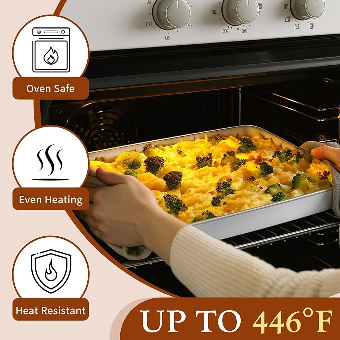 TeamFar Baking Pan Set of 3, 12.5/10.5/9.4 Inch Stainless Steel Deep Sheet Cake Pan for Oven Baking, Rectangle Bakeware Set for Bread/Lasagna/Brownie/Casserole, Healthy & Heavy-Duty, Dishwasher Safe