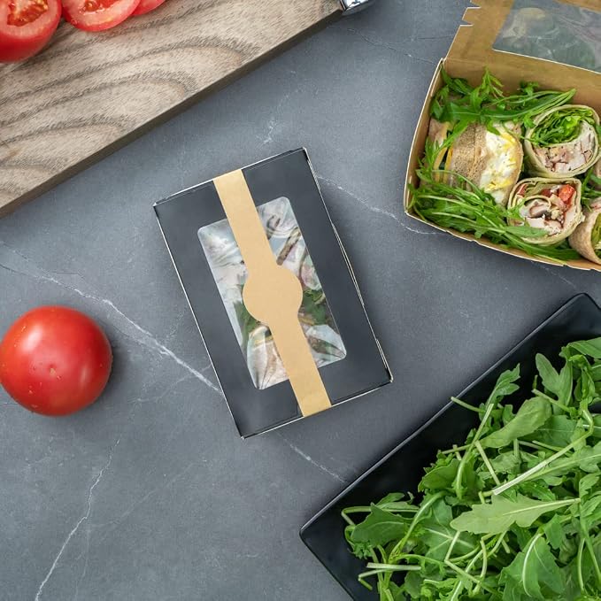 Restaurantware RW Base 12 x 1.5 Inch Packaging Bands 100 Self-Adhering Belly Bands - Disposable Strong Kraft Paper Label Stickers For Packaging Supplies Keeps Take Out Containers Sealed