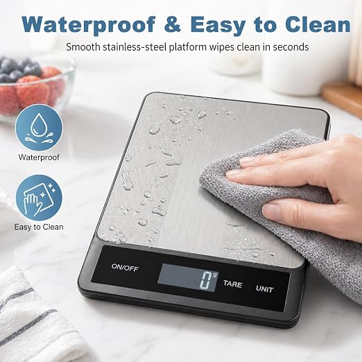 33LB/15KG Digital Kitchen Scale, USB Rechargeable Stainless Steel | 1g precision food scale with tare, 6 units and easy-clean platform for cooking, baking, meal prep and portion control