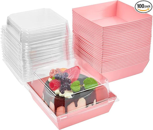 Kucoele Charcuterie Boxes with Clear Lids, 4 Inches, 100 Pack, Pink | Disposable, Paper, Food Containers, For Sandwich, Cookie, Dessert, Cupcake, Chocolate Covered Strawberry